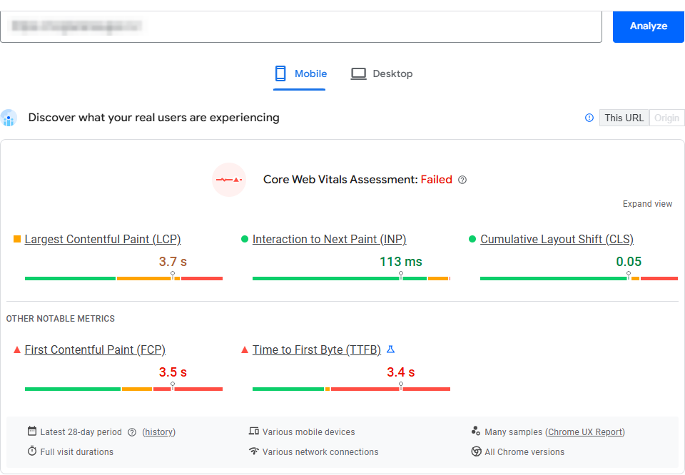 Raport Core Web Vitals din date reale de utilizatori înainte de optimizarea WordPress — evaluare nepromovată, LCP 3,7 secunde