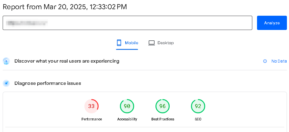 Raport PageSpeed Insights pe mobil înainte de optimizarea vitezei unui magazin WordPress — scor de performanță 33