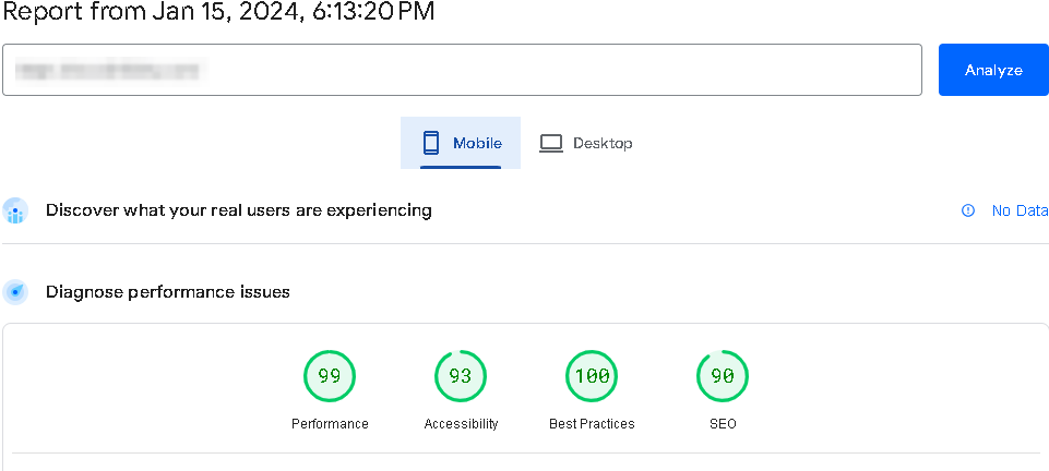 Raport PageSpeed Insights pe mobil după optimizarea vitezei WordPress — scor de performanță 99 și SEO 90