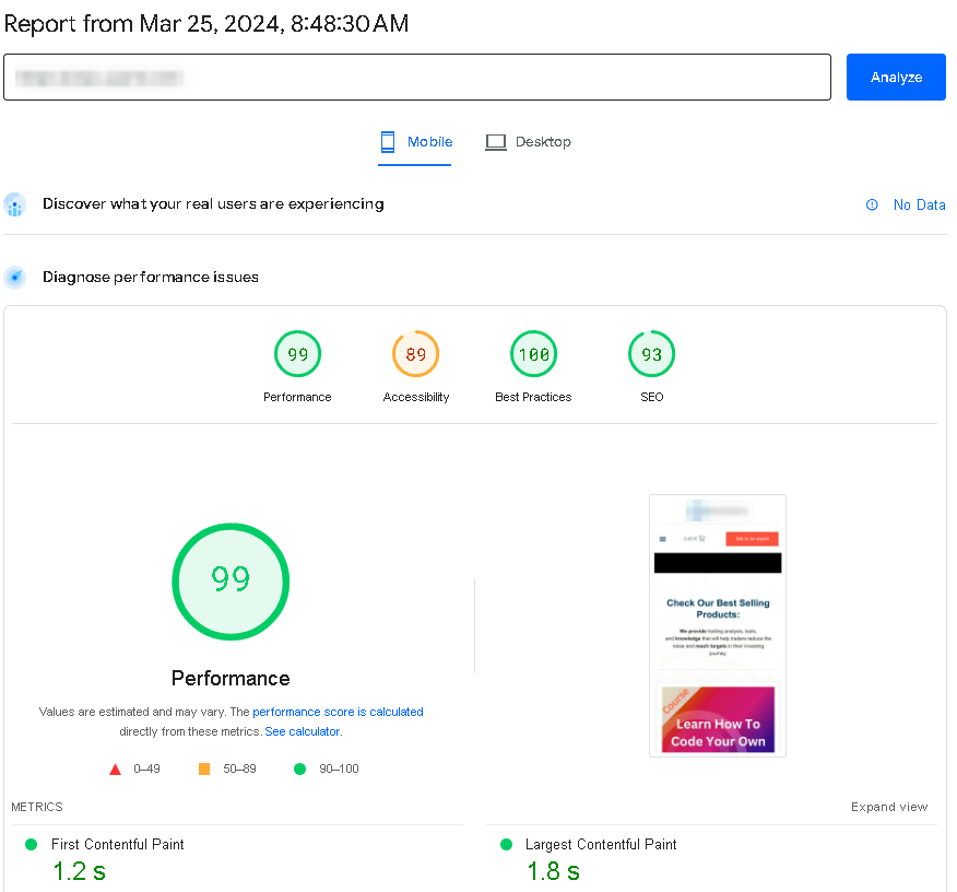 Mobile PageSpeed Insights report after WordPress speed optimization — performance score 99 and a 1.8 second LCP