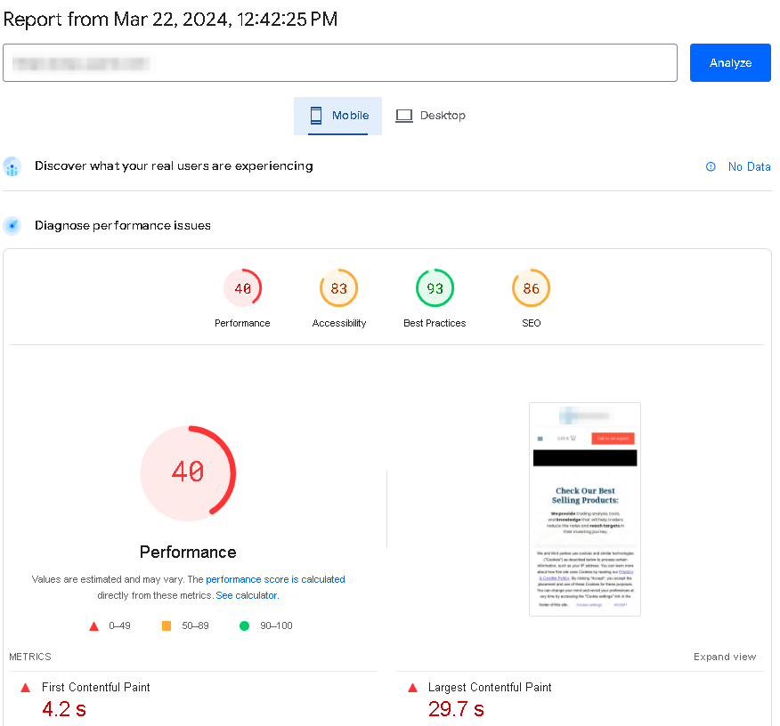 Mobile PageSpeed Insights report before WordPress speed optimization — performance score 40 and a 29.7 second LCP